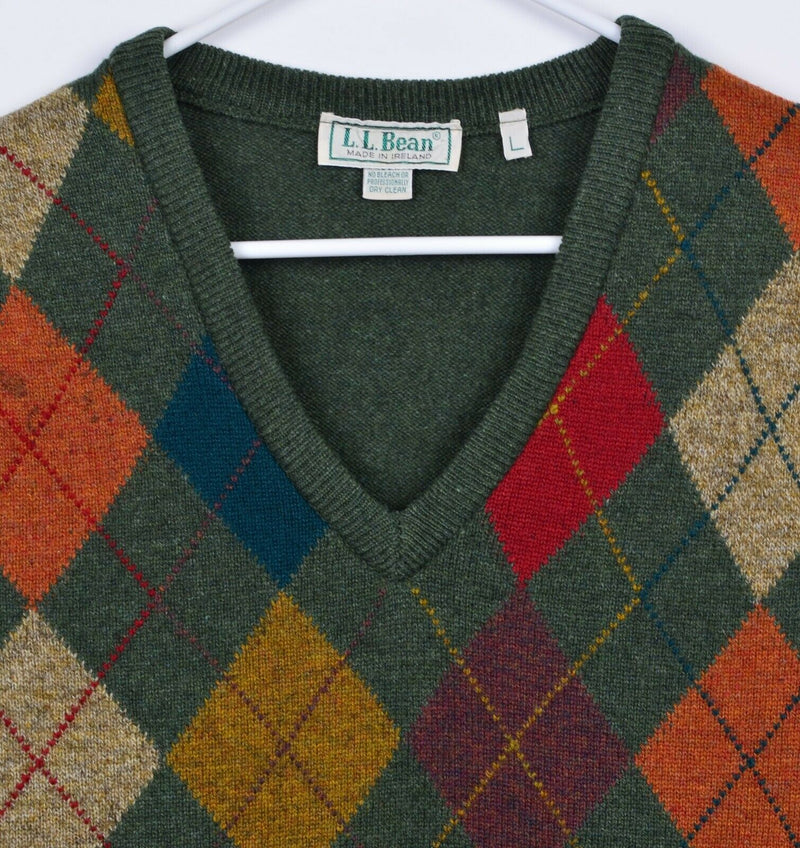 Vintage 80s LL Bean Men's Large 100% Lambswool Ireland Green Argyle Sweater Vest