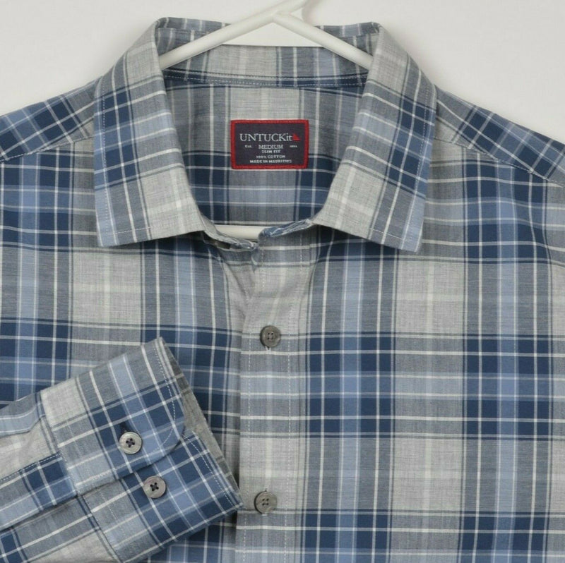 UNTUCKit Men's Medium Slim Fit Gray Blue Plaid Button-Front Shirt