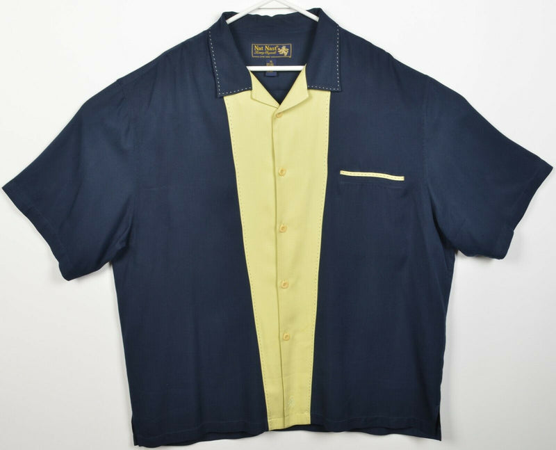 Nat Nast Men's XL 100% Silk Navy Blue Yellow Panel Hawaiian Bowling Retro Shirt