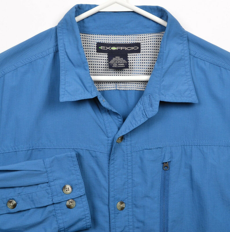 ExOfficio Men's 2XL Vented Zip Pocket Solid Blue Fish Travel Button-Front Shirt