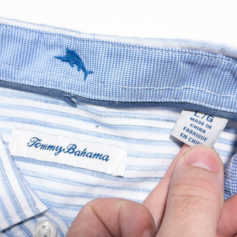 Tommy Bahama Linen Shirt Men's Large Long Sleeve Blue Stripe Patchwork Beach