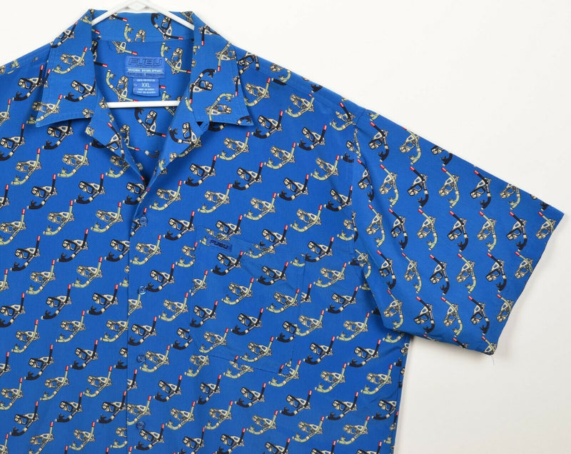 Vintage 90s FUBU Men's 2XL Scuba Snorkel Graphic Print Blue Polyester Camp Shirt