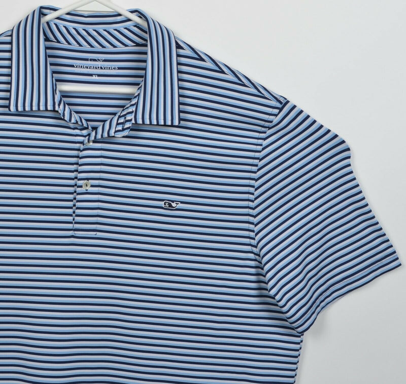 Vineyard Vines Men's XL Blue Striped Whale Polyester Wicking Golf Polo Shirt