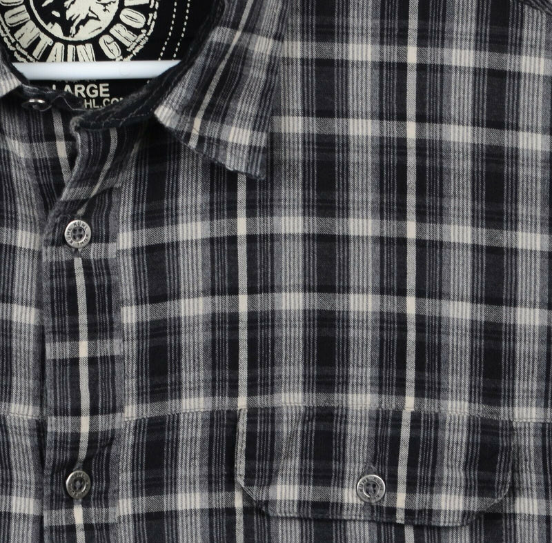 Kuhl Men's Large Gray Black Plaid Flip Cuff Metal Buttons Hiking Flannel Shirt