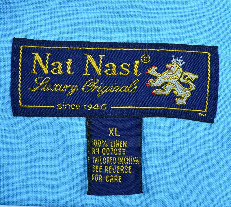 Nat Nast Men's XL Blue Green Panel Striped 100% Linen Hawaiian Camp Shirt