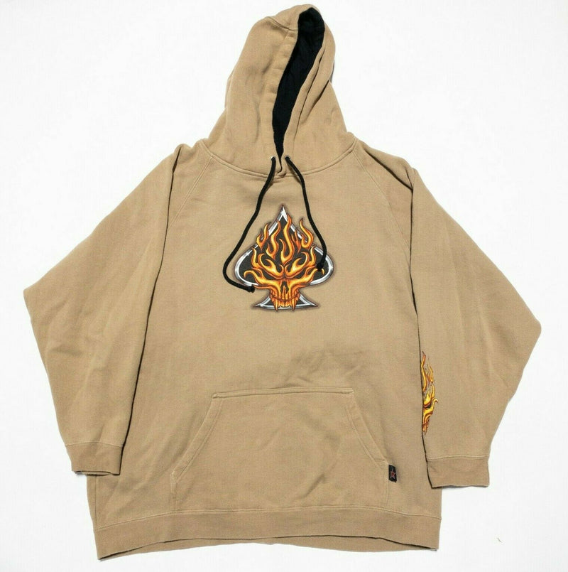 Top Heavy Men's XL Flame Skull Spade Vintage 90s Y2K Skater Tan Pullover Hoodie