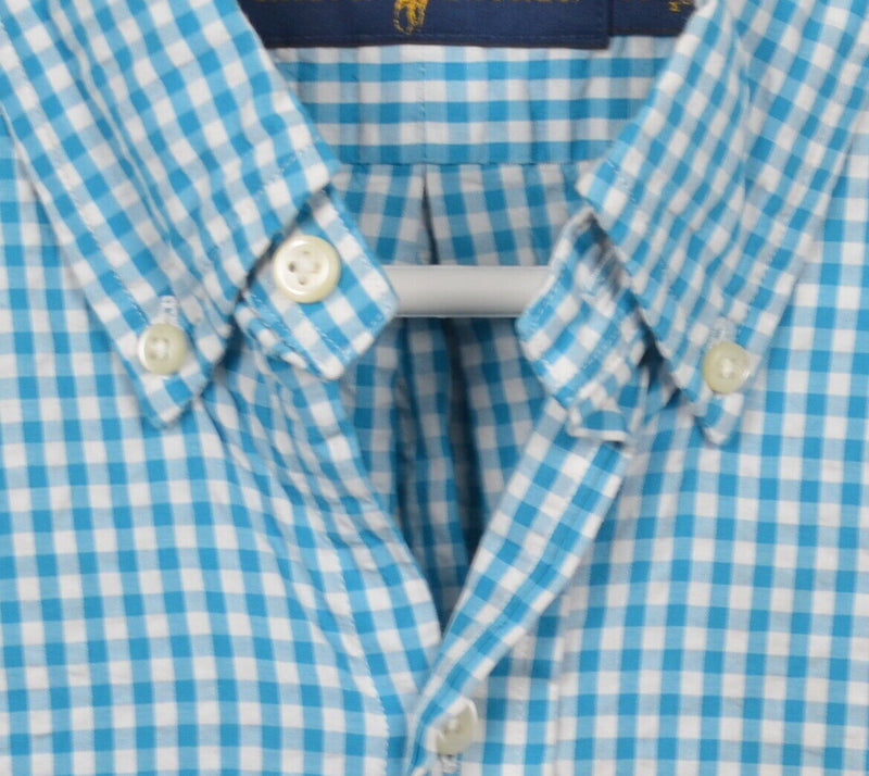 Polo Ralph Lauren Men's Medium Seersucker Aqua Blue Gingham Short Sleeve Shirt