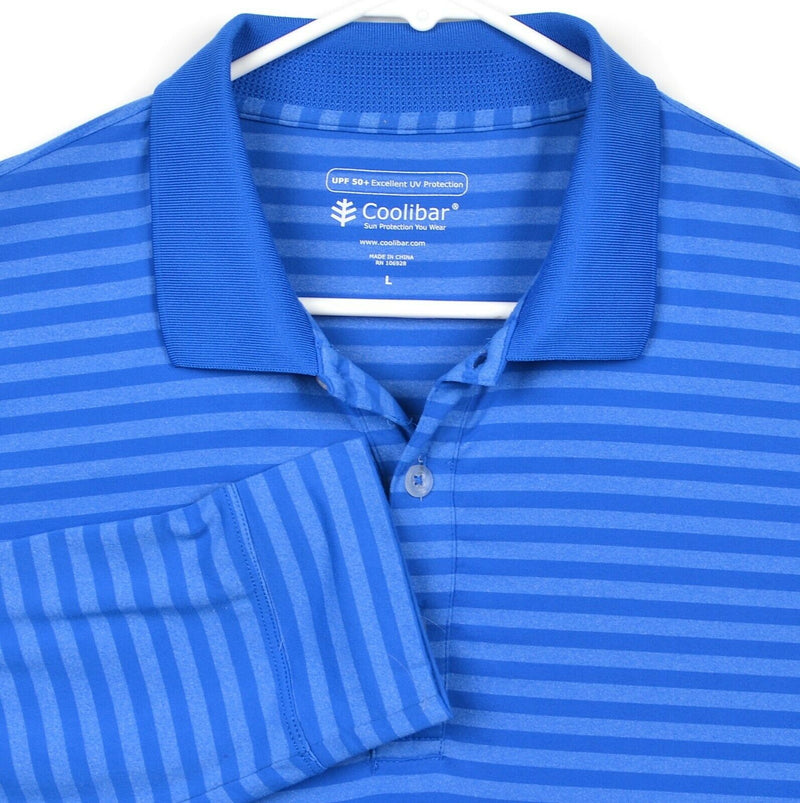 Coolibar Men's Large UPF 50+ UV Protection Blue Striped Long Sleeve Polo Shirt