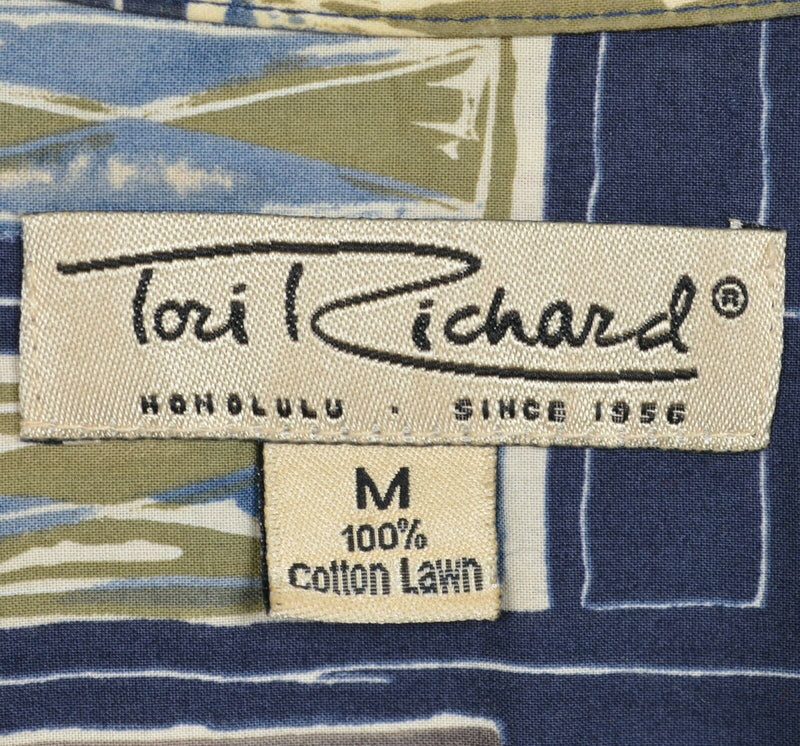 Tori Richard Men's Medium Floral Geometric Navy Green Cotton Lawn Hawaiian Shirt
