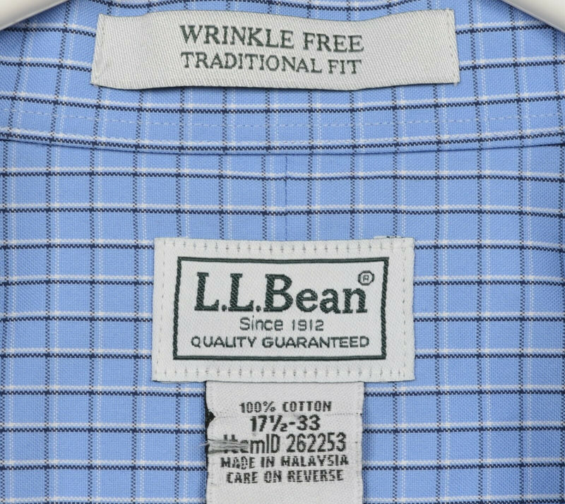 LL Bean Men's 17.5-33 Traditional Fit Wrinkle Free Blue Plaid Button-Down Shirt