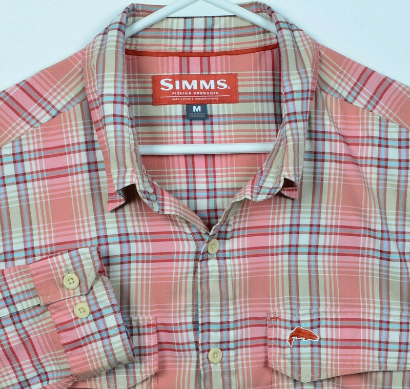 Simms Fishing Men's Medium Coral Pink Plaid Polyester Nylon Button-Down Shirt