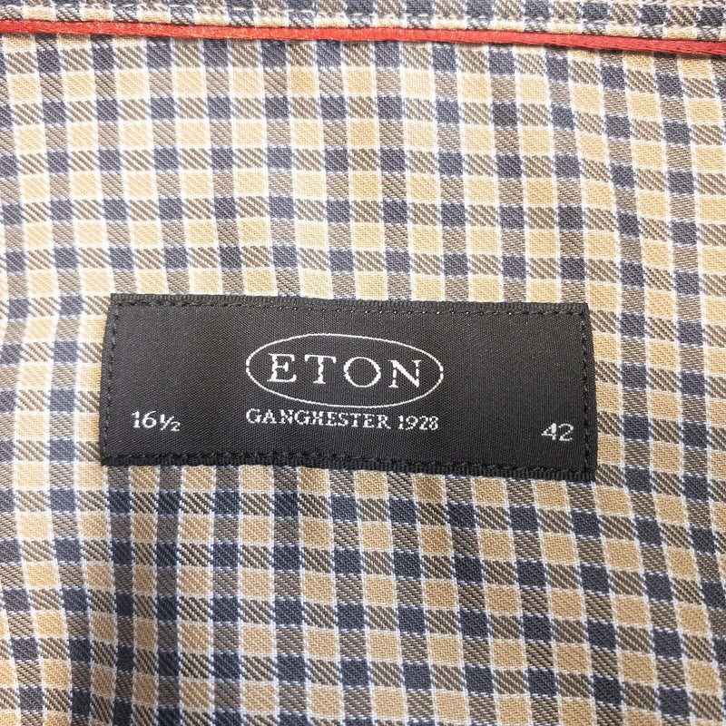 ETON Men's 16.5/42 (Large) Brown Navy Blue Plaid Check Button-Front Dress Shirt
