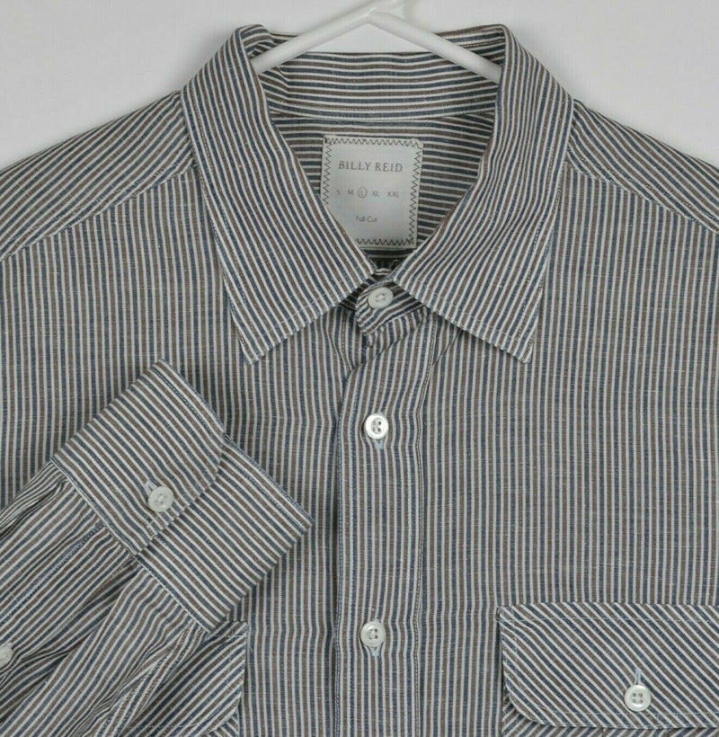 Billy Reid Men's Large Linen Blend Brown Blue Striped Italy Button-Front Shirt