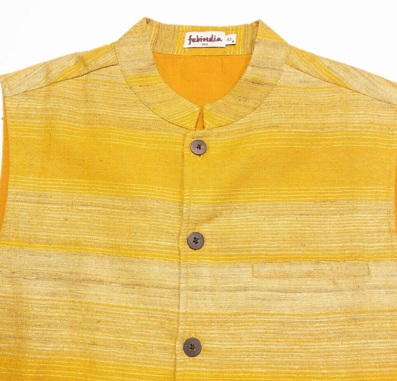 Fabindia Kurta Shirt 42 Men's Silk Sleeveless Yellow/Orange Striped Woven