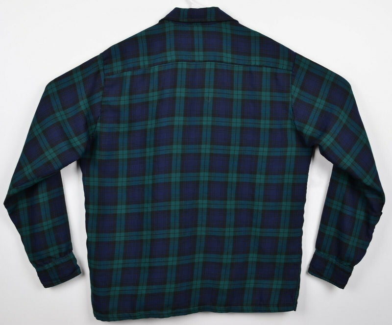 Vintage 70s LL Bean Men Medium Green Navy Tartan Plaid Flannel Script Tag Shirt