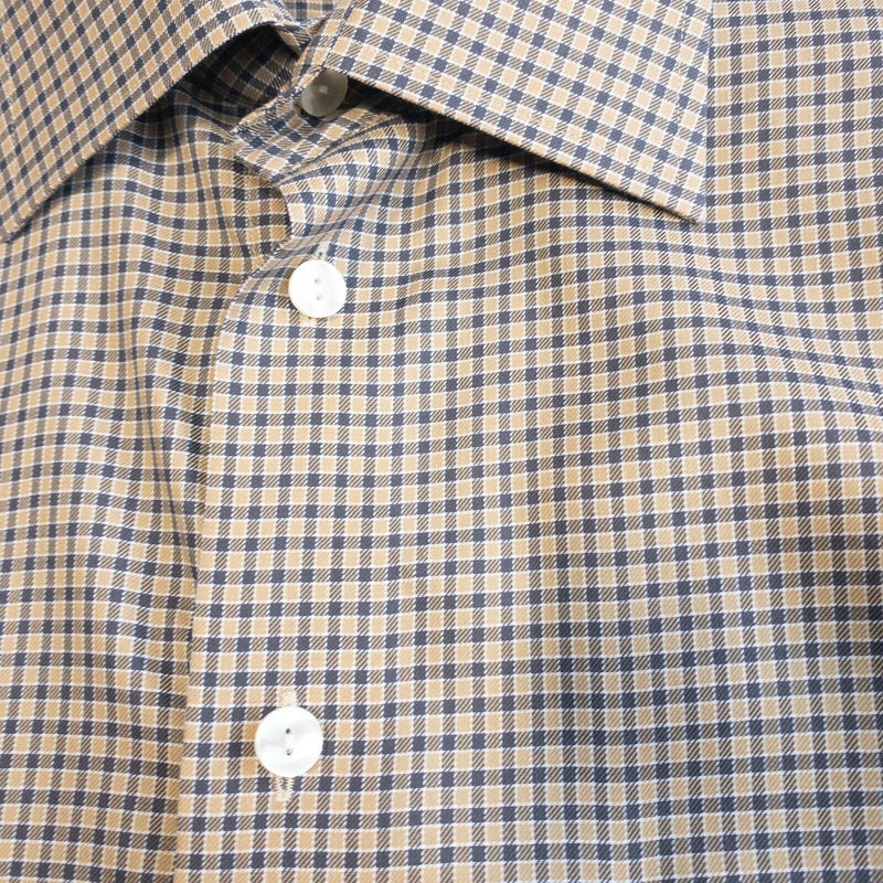 ETON Men's 16.5/42 (Large) Brown Navy Blue Plaid Check Button-Front Dress Shirt
