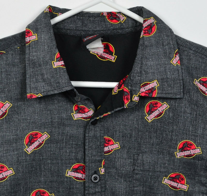 Jurassic Park Men's M/L? Dinosaur Logo Pattern Gray Reverse Print Button Shirt