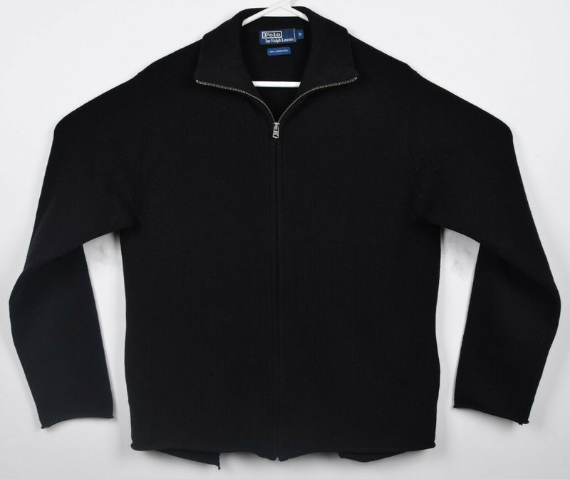 Polo Ralph Lauren Men's Medium 100% Lambswool Full Zip Black Collared Sweater