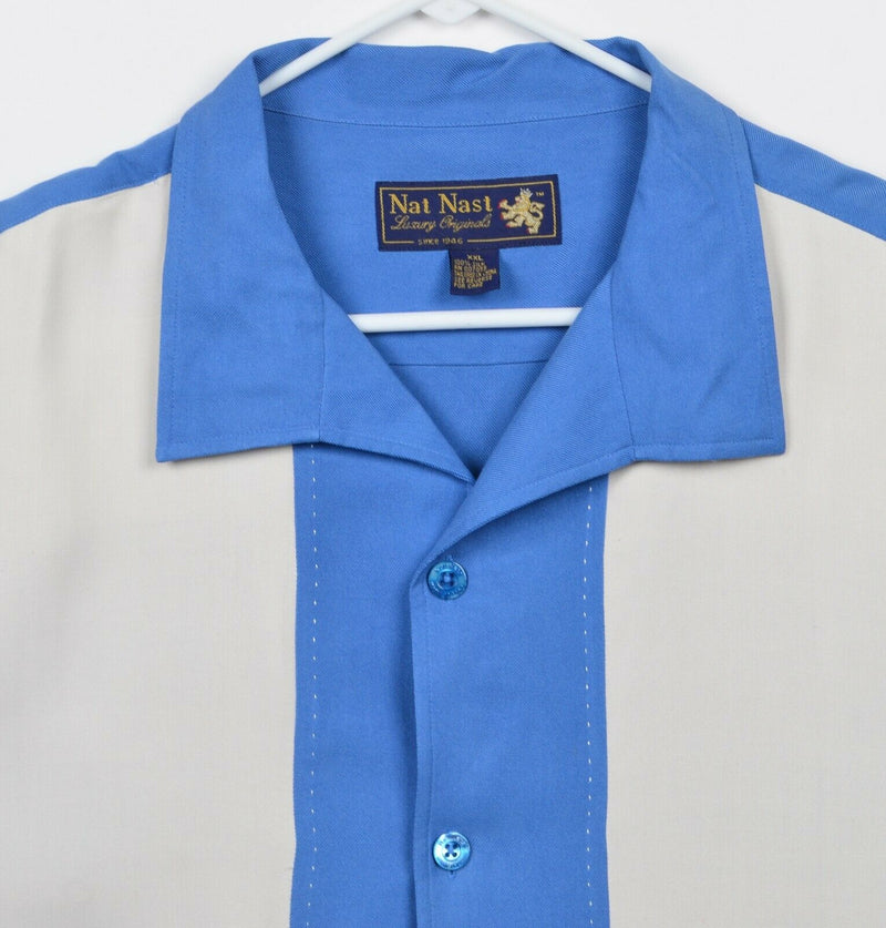 Nat Nast Men's 2XL 100% Silk Bowling Panel Blue White Striped Camp Shirt