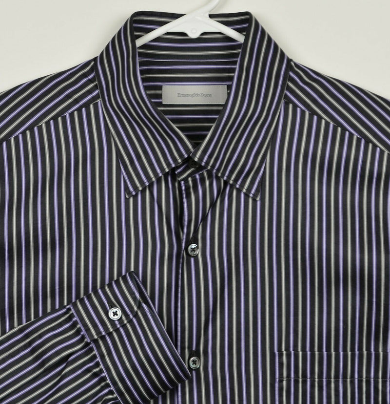 Ermenegildo Zegna Men's Large Purple Silver Striped Made in Italy Designer Shirt