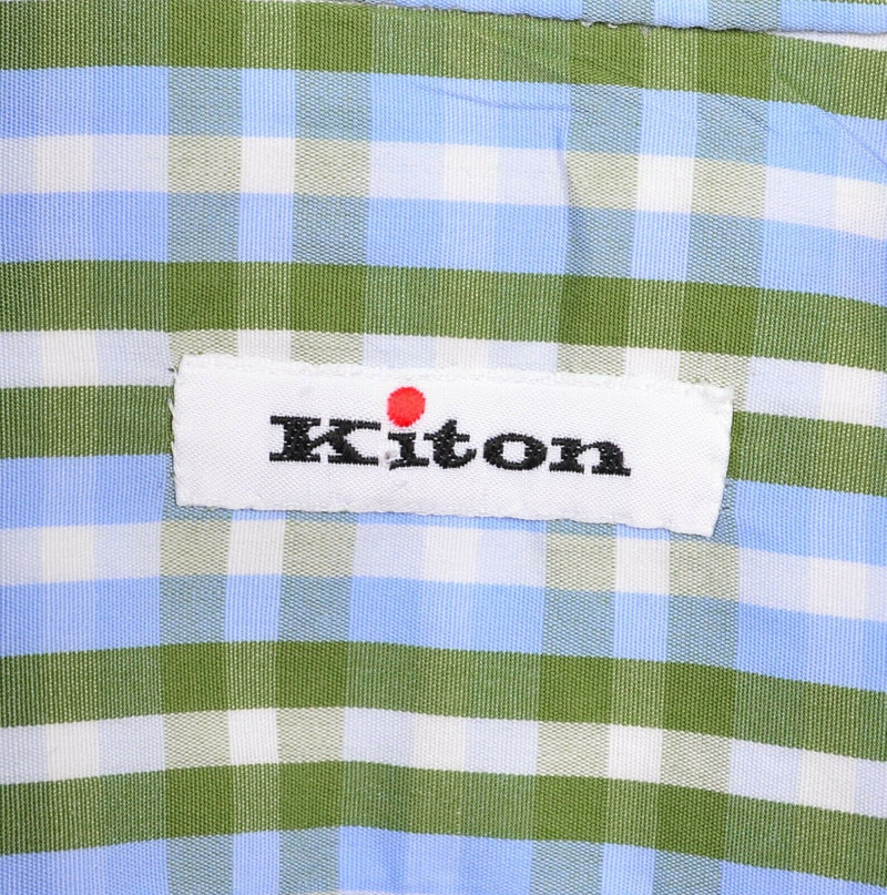 Kiton Men's 17 (XL) Blue Green Check Made in Italy Designer Button-Down Shirt