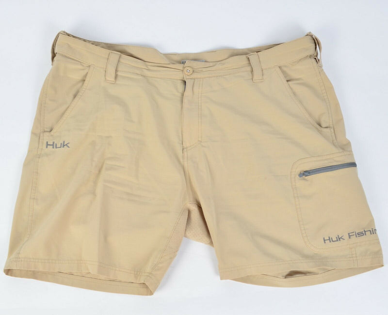 Huk Fishing Mens 2XL Performance Fabric 7" Khaki Tan Zip Pocket Stretch Shorts