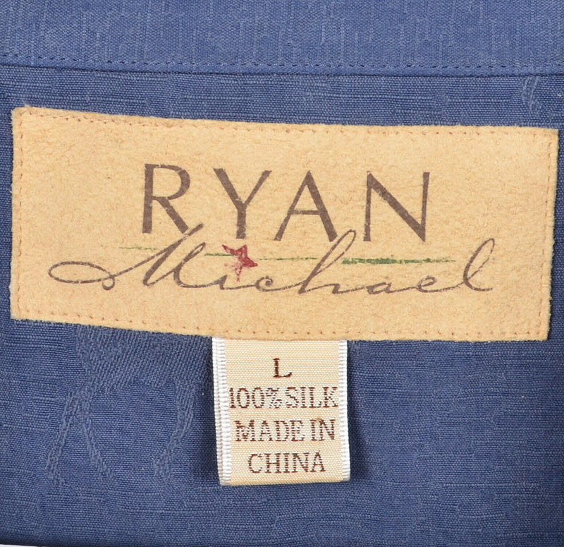 Ryan Michael Men's Large 100% Silk Textured Moose Solid Blue Button-Front Shirt
