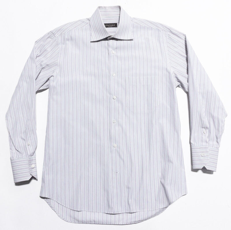 Canali Dress Shirt Men's 15/38 Purple Gray Striped Spread Collar Italy Designer