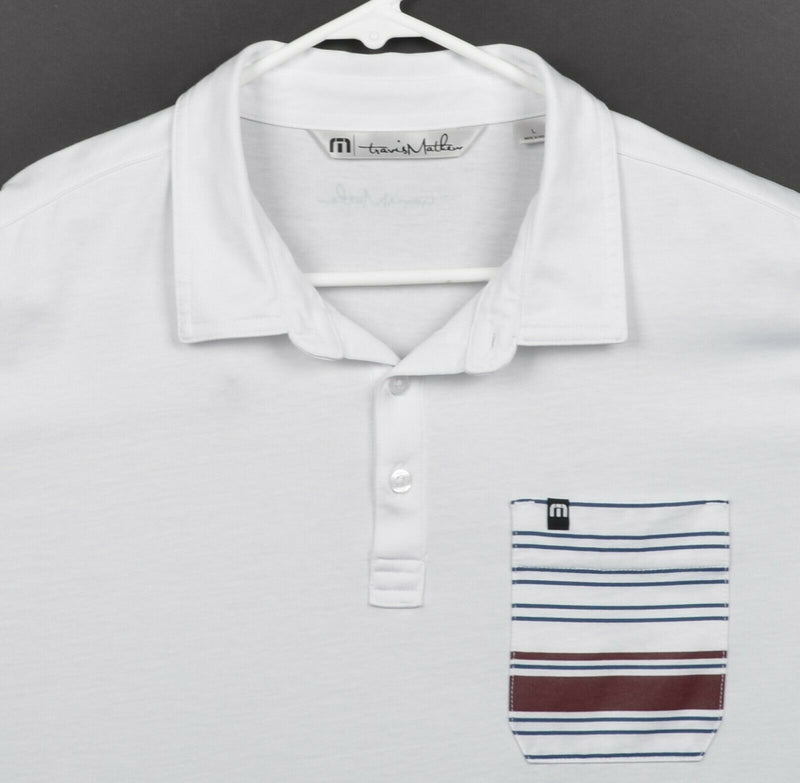 Travis Mathew Men's Sz Large Pocket Stripe White Performance Golf Polo Shirt