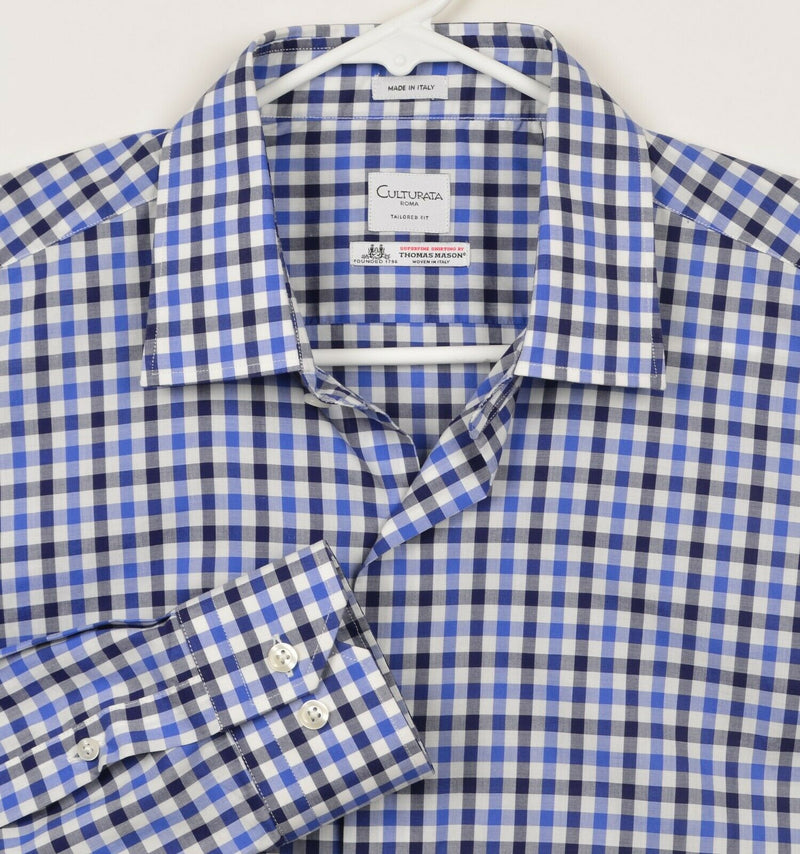 Culturata Thomas Mason Men's Sz 17.5 Tailored Fit Blue Plaid Check Dress Shirt