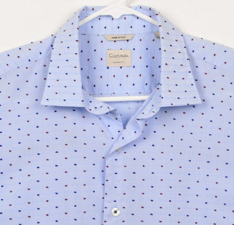 Culturata Men's Sz 17.5 XL Tailored Fit Blue Polka Dot Made in Italy Dress Shirt