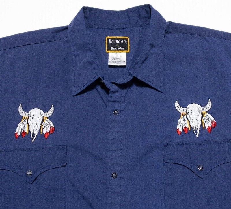 Round'em Pearl Snap Shirt XL Men's Embroidered Ox Horn Western Rockabilly Blue