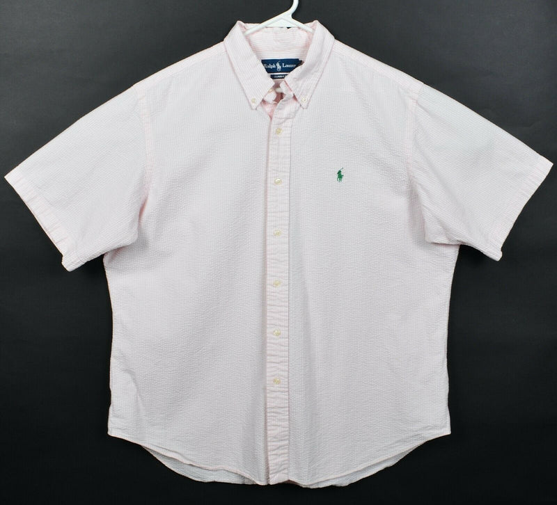 Polo Ralph Lauren Men's XL Classic Fit Seersucker Pink White Striped Pony Shirt