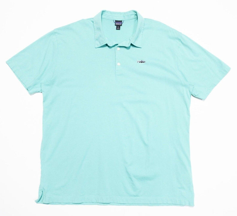 Patagonia Polo Shirt XL Men's Trout Fitz Roy Fish Logo Short Sleeve Blue/Green