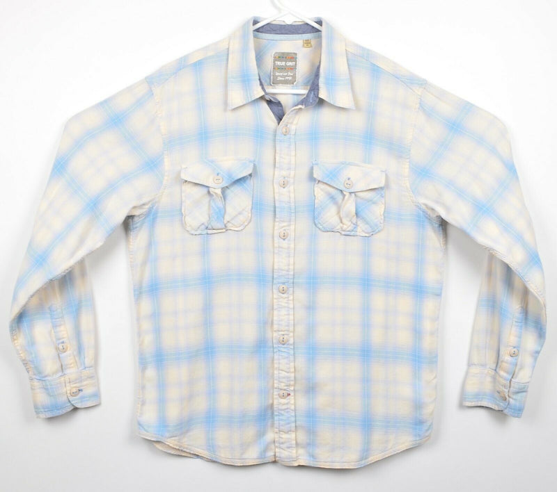 True Grit Men's Sz Medium Cream Blue Plaid Button-Front Flannel Shirt