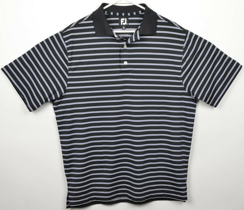 FootJoy Men's Medium Black Blue Striped Wicking Polyester FJ Golf Polo Shirt