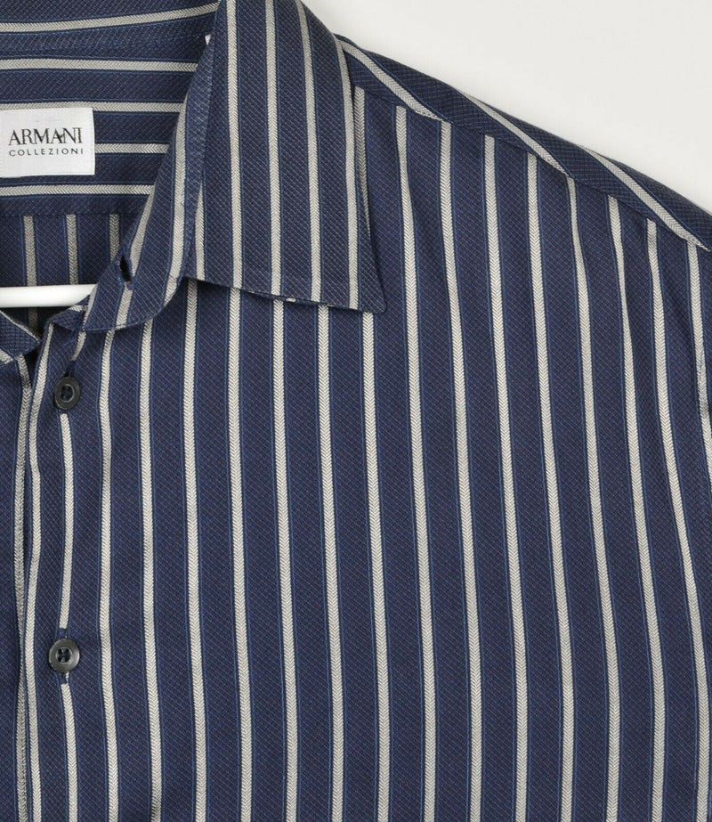 Armani Collezioni Men's Large Navy Blue Silver Striped Cotton Nylon Blend Shirt
