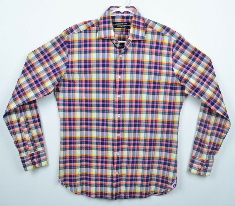 Hammer Made Men's Sz 15.5 Medium Pink Multi-Color Plaid Check Seersucker Shirt