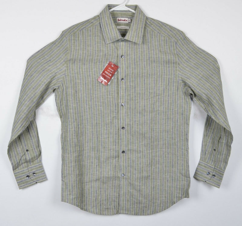 Fabindia Men's 38 (Small) Slim Fit 100% Linen Green Striped Button-Front Shirt