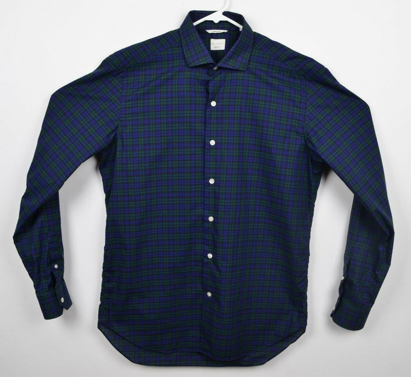 Culturata Men's Sz 16.5 Large Green Blue Tartan Plaid Spread Collar Dress Shirt