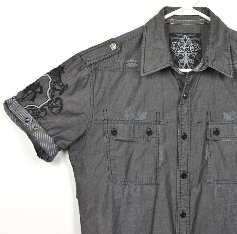 Roar Men's Small Freedom Tribal Cross Gray Flip Cuff Independent S/S Shirt