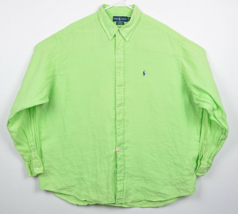 Polo Ralph Lauren Men's 2XL 100% Linen Lime Green "Blake" Button-Down Shirt