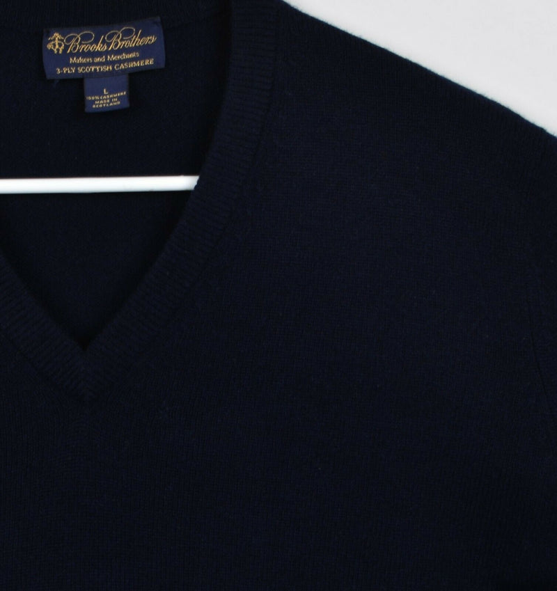 Brooks Brothers Men's Large 3-Ply Scottish Cashmere Navy Blue V-Neck Sweater