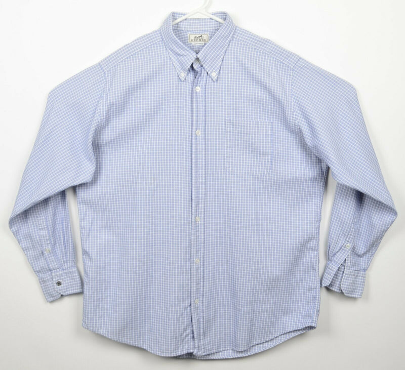 Hermes Men's 17.5/44 Blue Plaid Made in France Button-Down Dress Shirt