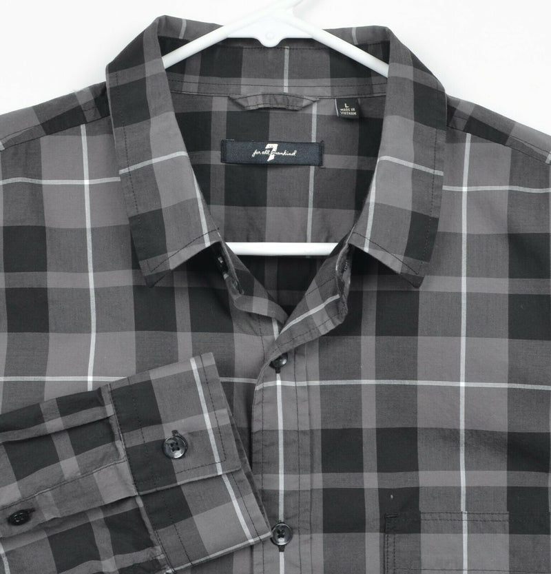 7 For All Mankind Men's Sz Large Gray Black Plaid Button-Front Casual Shirt