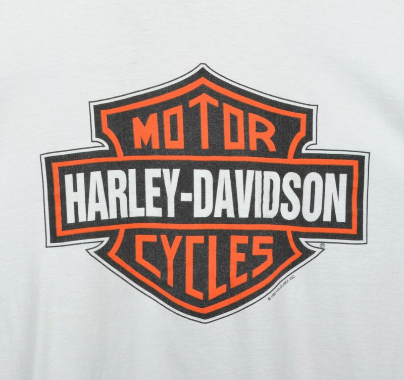 Vtg 1993 Harley-Davidson Men's Large Big Shield Logo Double-Sided White T-Shirt