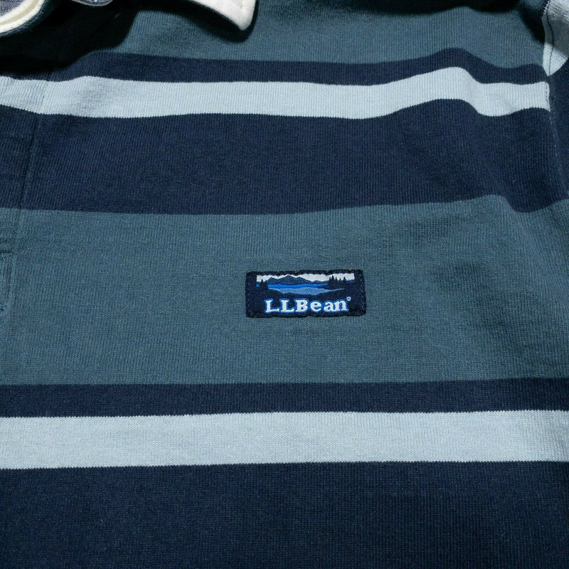 L.L. Bean Rugby Shirt Blue Teal Striped Long Sleeve Logo Men's 2XL Traditional