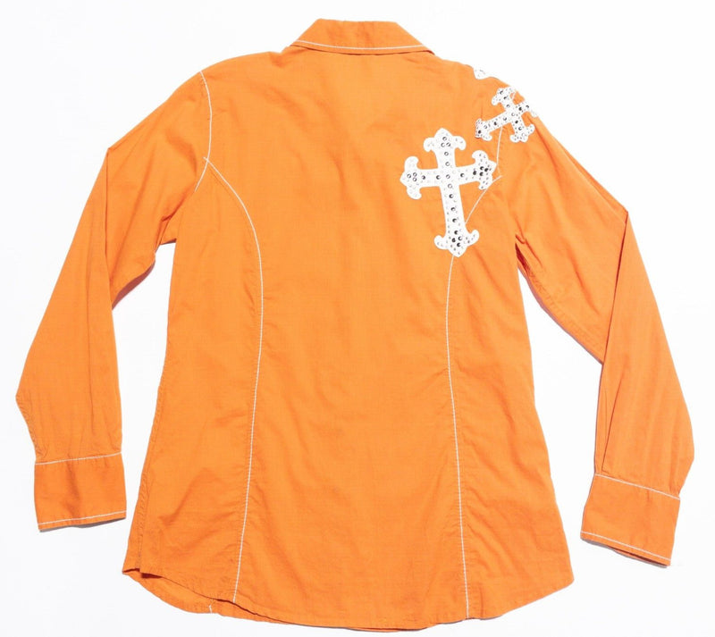 Ariat Snap Shirt Women's Large Cross Embellished Orange Western Rockabilly