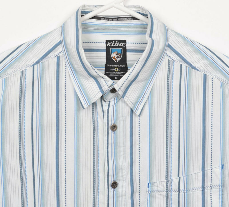 Kuhl Suncel Men's Medium White Blue Striped Hiking Outdoor Button-Front Shirt