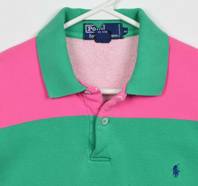 Polo Ralph Lauren Men's Medium Chunky Pink Green Stripe Sweatshirt Rugby Shirt